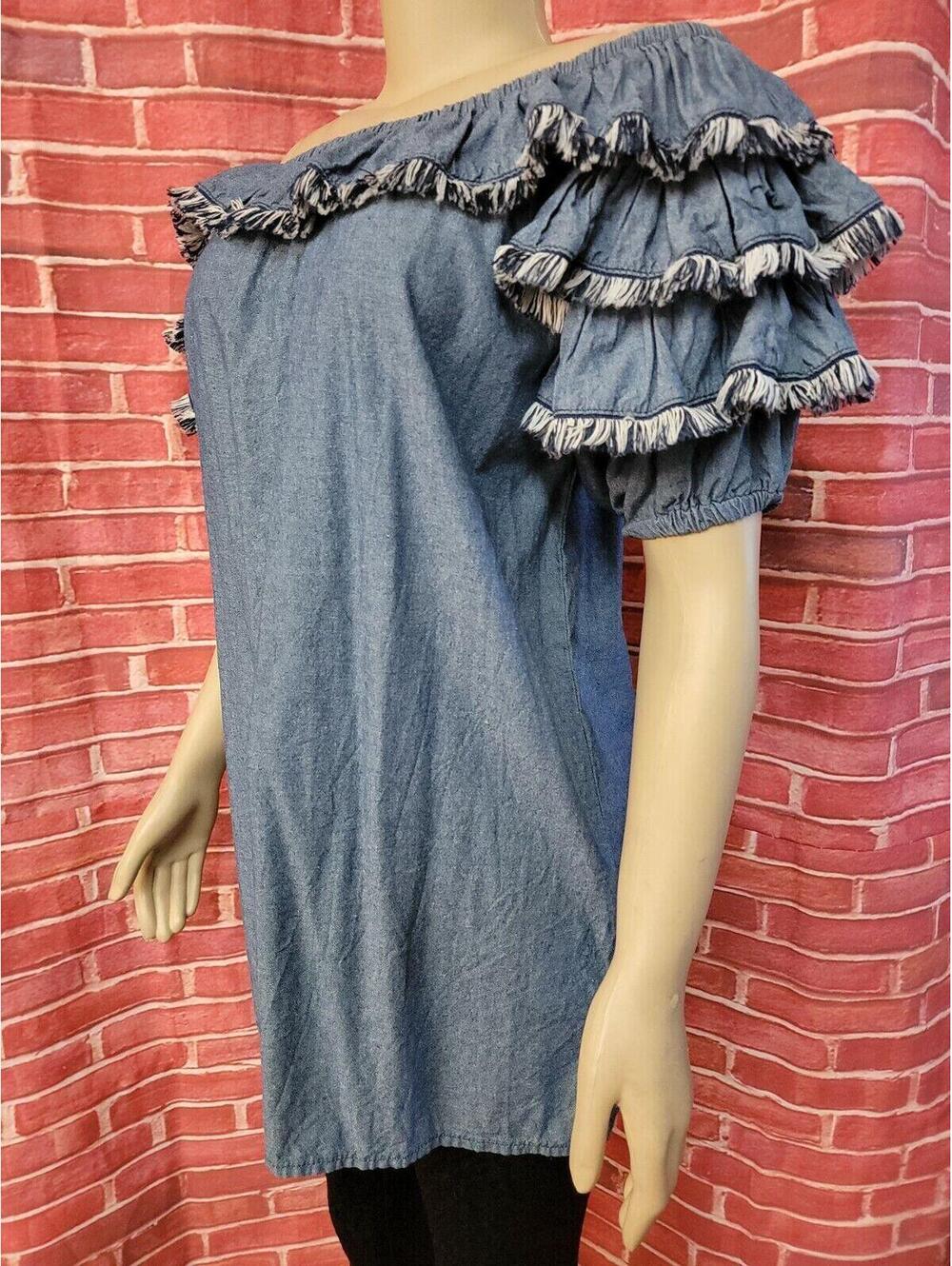 Mp|D Boho Frilled Sleeves Off the shoulders  Size S Blue Women's Top Blouse #CB9 - Picture 5 of 7